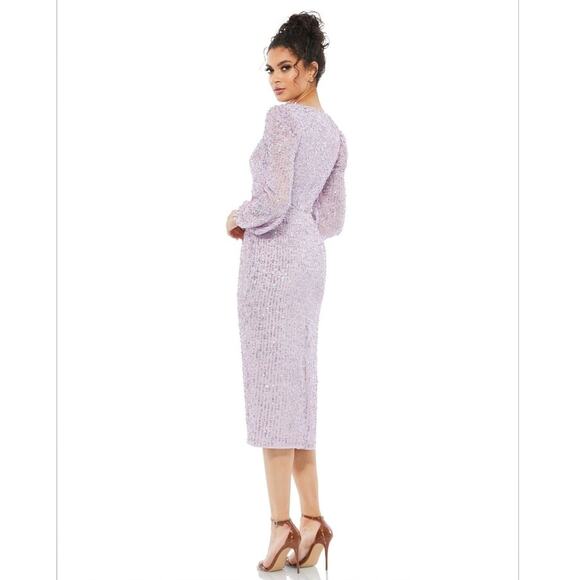 Mac Duggal 107641 Lavender Purple 4 Sequined Long Sleeve V Midi Dress Evening - Picture 9 of 12